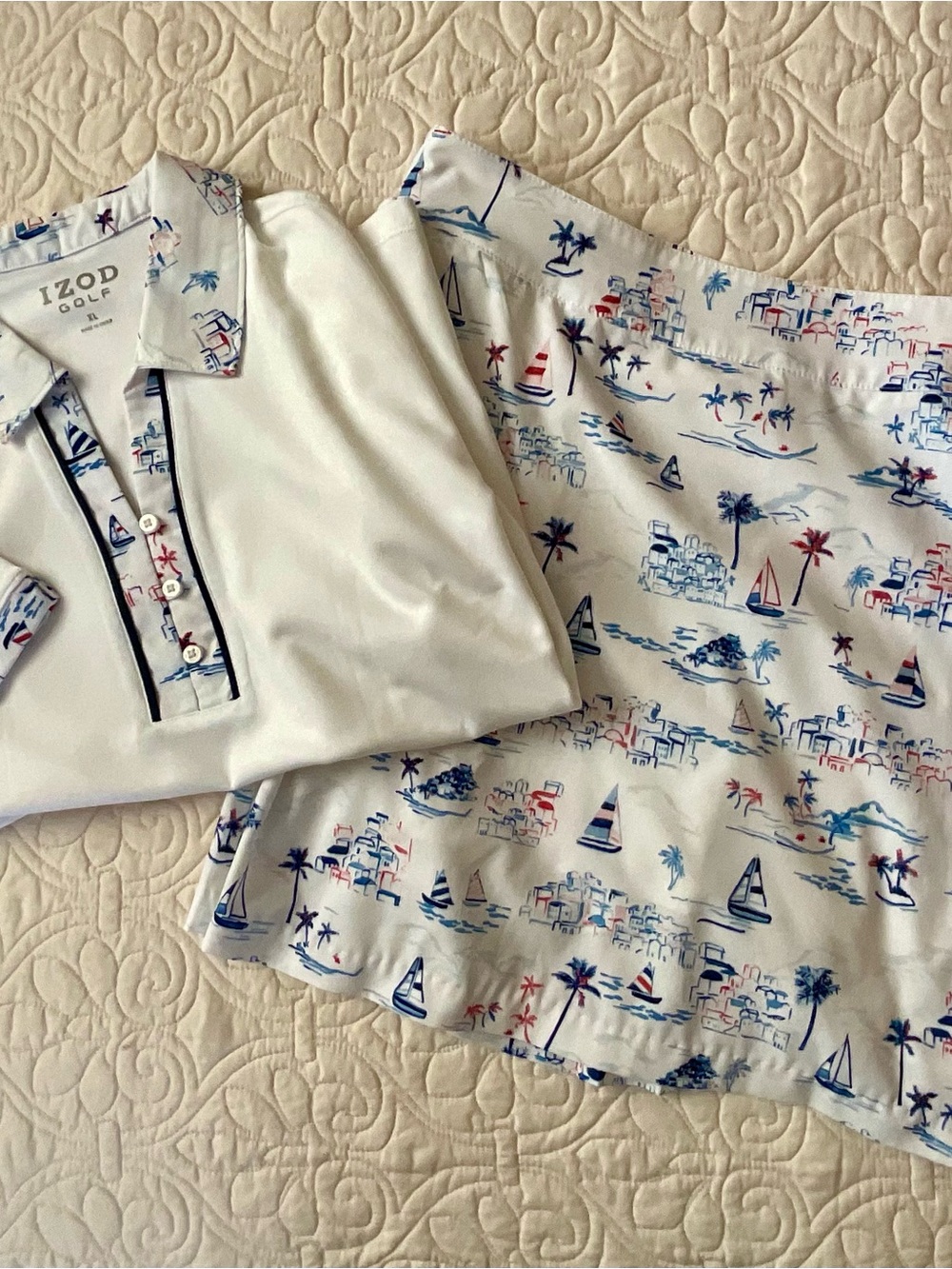 Izod White Polo with Coastal Sailboat Print Skort
